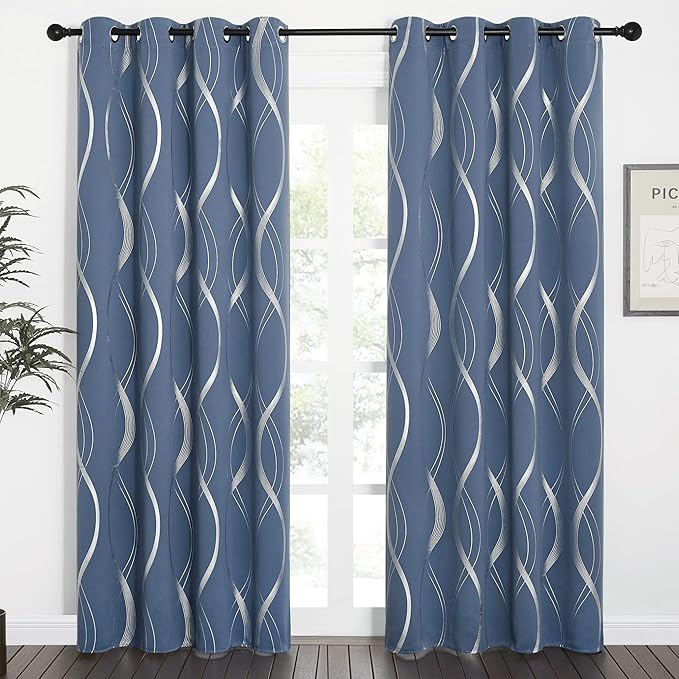 NICETOWN Stone Blue Decorative Curtains Blackout 84 inch Length for Bedroom Living Room, Thermal Insulated Grommet Room Darkening Pattern Drapes for Boys Kids Mans Home Decoration (2 Panels, 52 by 84)