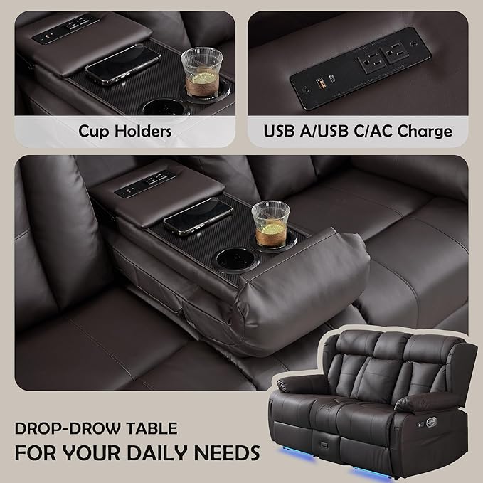 72.8" Loveseat Recliner Sofa, Manual Reclining Couch with Console, AC Outlet & USB-A/USB-C Ports, Wall Hugger RV Sofa for Living Room & Home Theater with Cup Holders (Brown Console with LED)