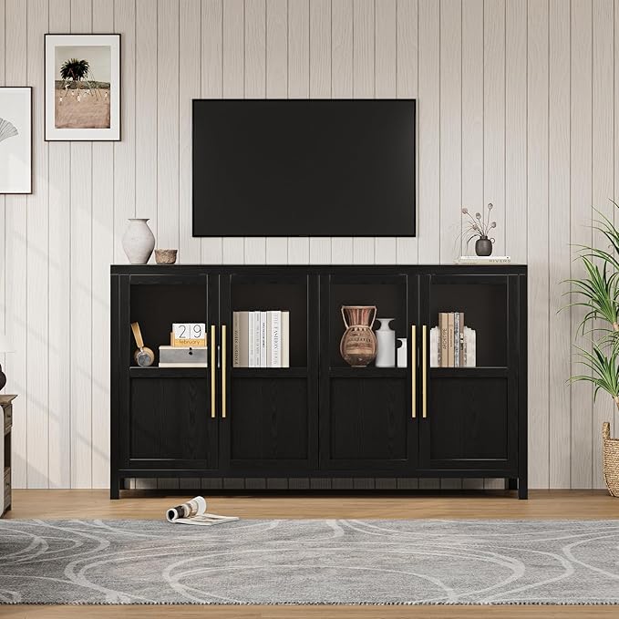 GarveeHome Sideboard Buffet Cabinet with 4 Glass Doors, 55 in Buffet Table Coffee Bar Wine Bar Display Cabinet for Kitchen Dining Room, Living Room (Glass with 4 Doors, Dark)