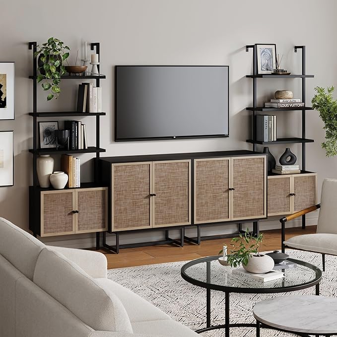 Nathan James Kova Boho Rattan and Wood TV Wall Shelving Unit Accent Storage Cabinet in Black Wood and Rattan with Metal Frame and Cane Doors, Black Oak/Cane