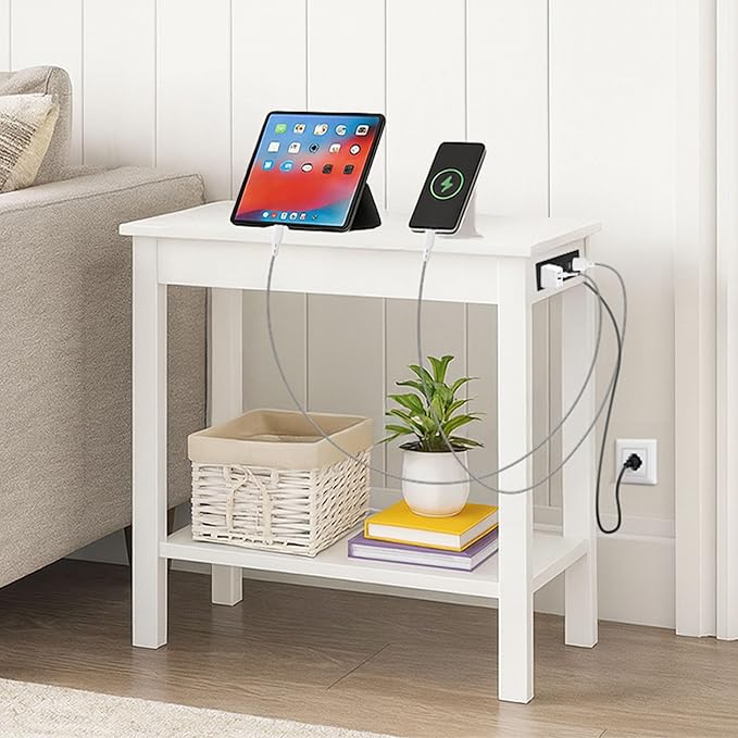 Narrow Side Table with Charging Station - Small End Table with 2 USB Ports, 2 Power Outlets, and Storage Shelf - Slim Nightstand for Living Room, Bedroom, or Small Spaces by Lavish Home (White)