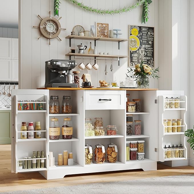 Gizoon Kitchen Sideboard Buffet Cabinet with Storage Coffee Bar Cabinet with Drawer, Kitchen Pantry Storage with Door and Shelves for Bathroom and Living Room, White and Rustic