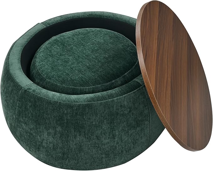 Ball & Cast Round Upholstered Storage-Ottoman Set with Wood Tray, Large Storage Coffee Table w/Footstool & Removable Lid, Dia 25" Padded Bench & End Side-Table for Living Bedroom, Green