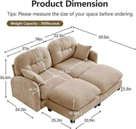 KEIKI 74" Oversized Chenille Modular Sectional Loveseat Sofa with 2 Ottoman, High-Density Foam Cushions, Tufted Pleated Cushion Backrest, Modern 2-Seater Couch with 2 Pillow, for Living Room, Camel