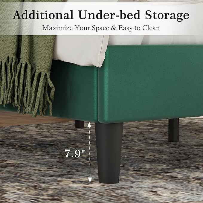 VECELO Full Size Bed Frame with Upholstered Headboard, Heavy-Duty Bedframe with Wooden Slats & Steel Framework, Easy Assembly, Dark Green