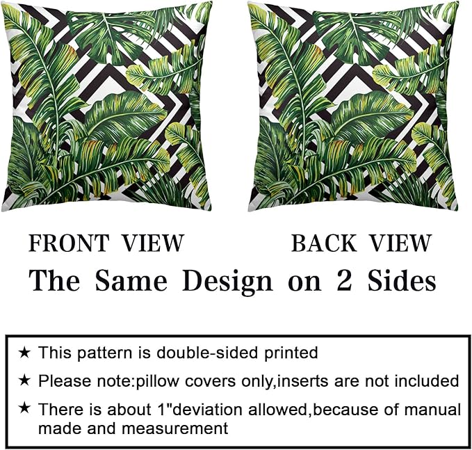 2 Pack Summer Tropical Green Leaves Pillow Covers Jungle Banana Tree Throw Pillow Covers Black and White with Geometric Cushion Covers Beach Decor for Couch Bed 24x24