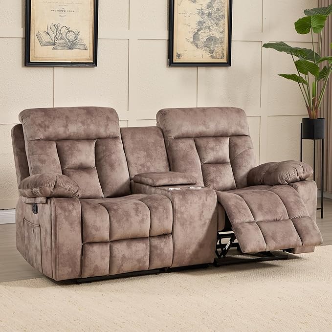 CANMOV Loveseat Recliner, Manual Recliner Sofa Chair for Living Room, Reclining Sofa with Storage Console,Hidden Cup Holders, 2 Seat, Camel-Brown
