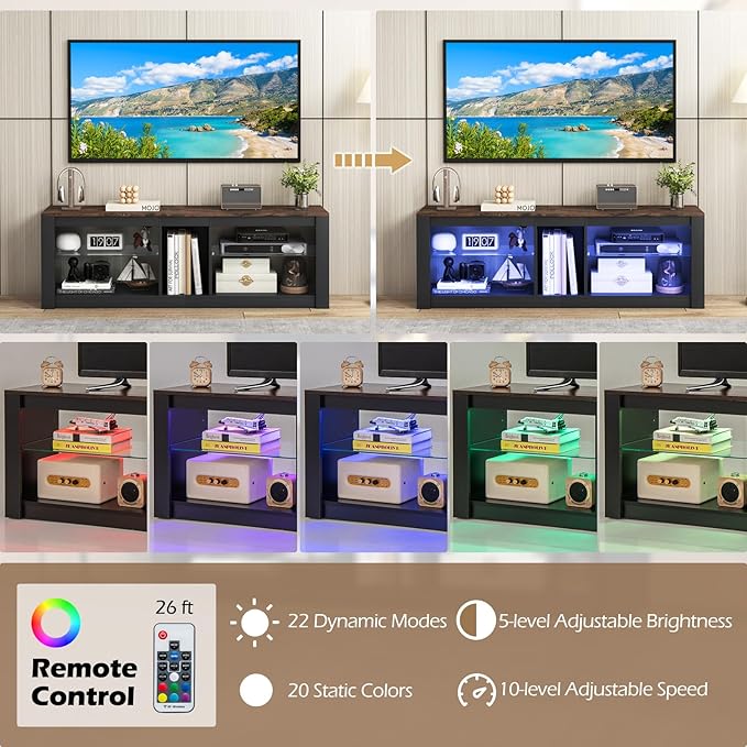 Tangkula LED TV Stand for 65 Inch TVs, Gaming Entertainment Center w/Open Storage, Adjustable Tempered Glass Shelves, Modern Media TV Console Table for Living Room Bedroom (Rustic Brown)