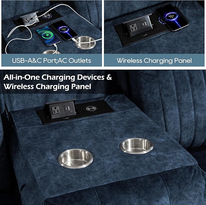 Zero Gravity Power Reclining Sofa with Adjustable Headrest, Electric Reclining Couch with Wireless Charge, Recliner Sofa 3 Seater with Drop Down Table,Cup Holder,USB Ports (Blue)