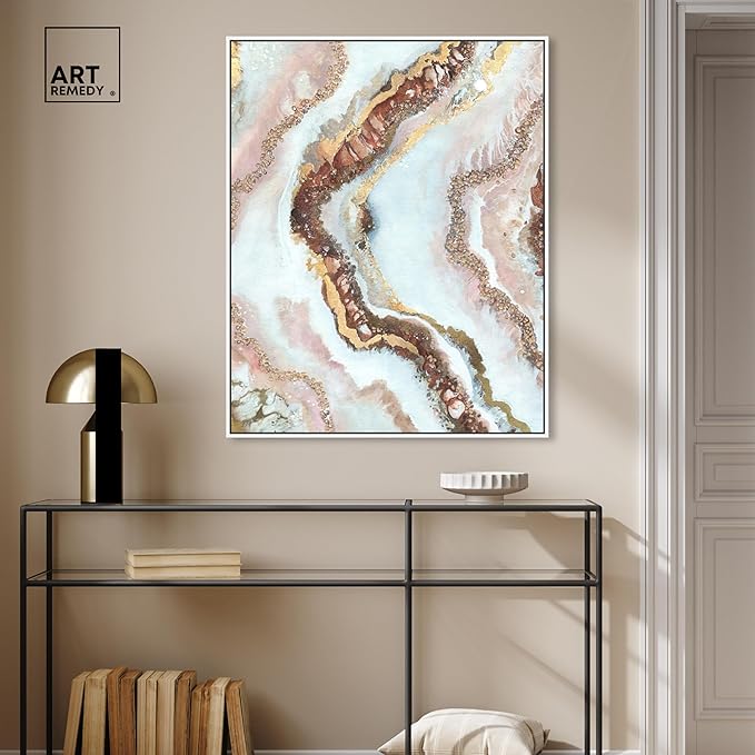 Art Remedy Blush Geode Framed Mineral, Agate & Geode 1 Piece Canvas Wall Art, 31" x 37", White Frame