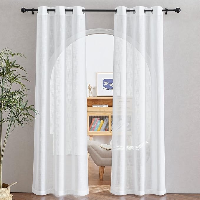 NICETOWN Washed Linen Sheer Curtains, Grommet White Linen Semi Sheer Curtains Privacy with Light Through Window Dressings for Living Room/Bedroom, W42 x L84, 1 Pair