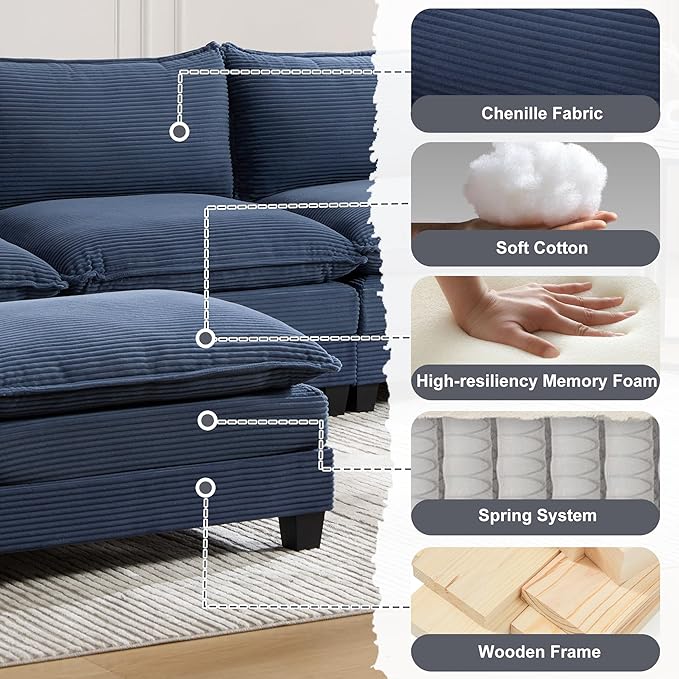 103" Oversized Modular Sectional Sofa Couch with Reversible Ottoman, Free Combination Convertible Corner Couch,Corduroy Upholstered Cloud Sectional Couch with Side Pockets | Multiple Cushions, DIY Combination, Removable Cover