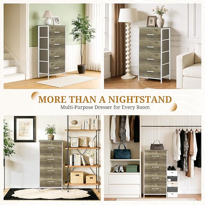 Nightstand with 4 Fabric Drawers, 37.4" H Tall Narrow Bedside Table with Wooden Top Steel Frame for Bedroom, Dorm, Closet, Living Room, Greige Oak