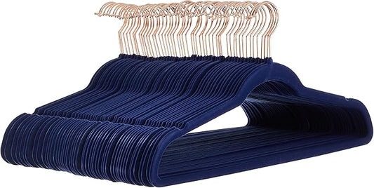 Amazon Basics Slim Velvet Non-Slip Space Saving Suit Clothes Hangers, Sturdy Construction, Navy Blue/Rose Gold, 50-Pack