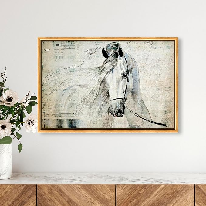 Country Farmhouse Canvas Print Painting Animal Wall Art 'Southern White Horse' Gold Framed Canvas Rustic Home Décor 24x16 in Gray, Brown by Oliver Gal
