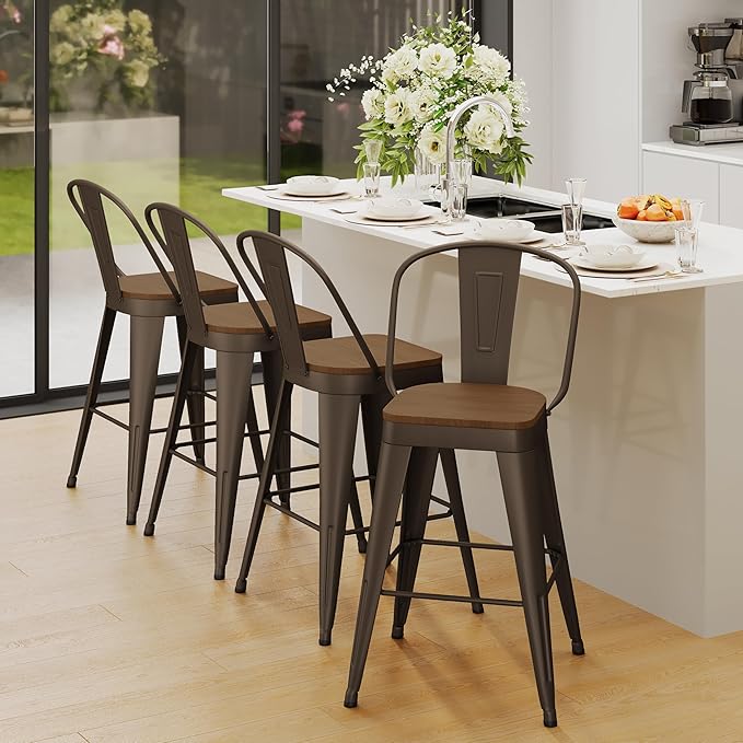 Andeworld Metal Bar Stools Set of 4, 30 inch Bar Height Barstools with Backs Farmhouse Modern High Back Bar Stools with Larger Seat Kitchen Dining Bar Chairs,Rusty