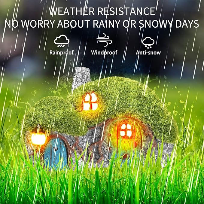 Outdoor Figurine Lights Garden House Statue and Mushroom Fairy House Decor Outdoor Statues with Solar Lights Garden for Patio Lawn Yard Ornaments, Housewarming Gift