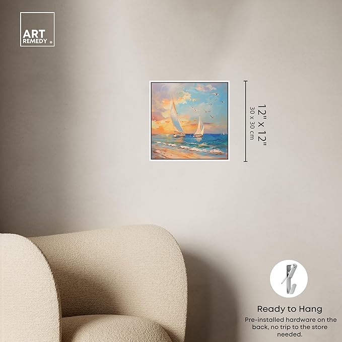 Art Remedy Sailboats In The Sunset Framed Sailing 1 Piece Canvas Wall Art, 13" x 13", White Frame