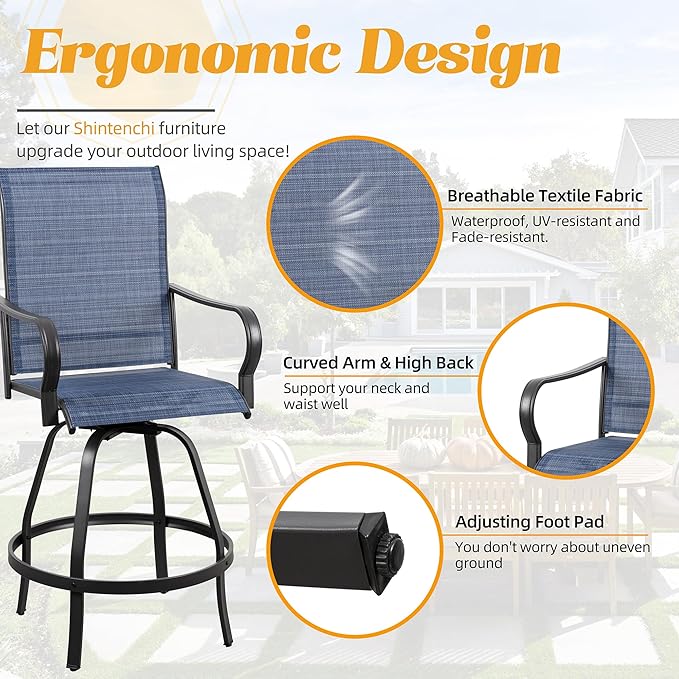 Shintenchi 2 Piece Patio Swivel Bar Chairs, All Weather Textile Outdoor Metal Bar Stools Patio Chairs Set of 2 with High Back, High Top Bistro Set Furniture for Balcony, Backyard,Garden,Deck,Deep Blue