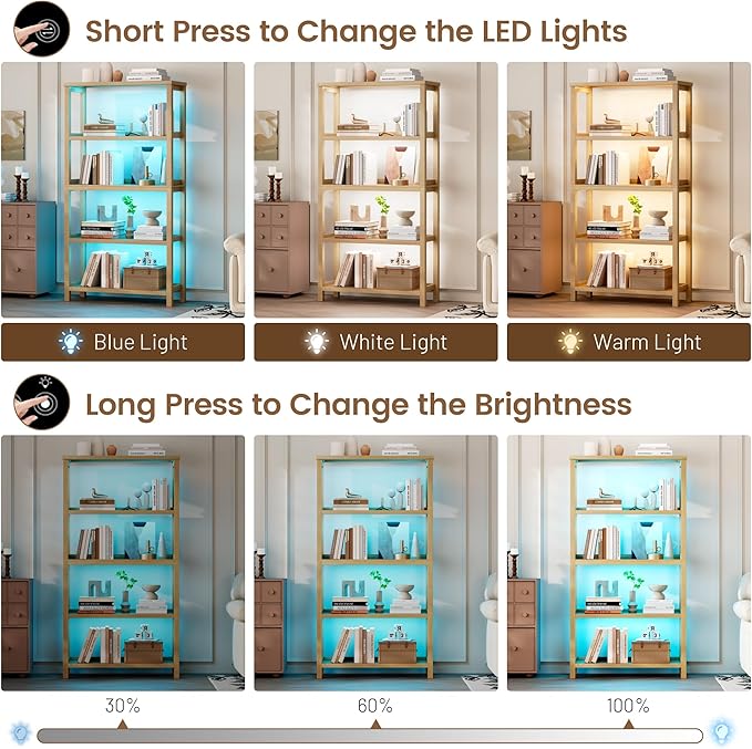 Vlsrka Wooden Bookshelf with Lights, 5 Tier Bookshelf with Storage, Tall Bookcase with Open Shelves, Standing Bookshelves Display Rack for Living Room, Home Office, Brown