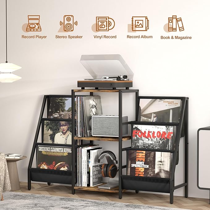 Record Player Stand with Vinyl Storage, Record Player Table with Vinyl Record Storage Up to 280 Albums, Turnta ble Stand with Record Holder Display Shelf, Record Cabinet for Media Stereo Audio