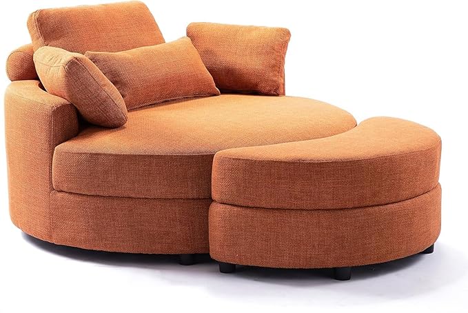 ERYE Oversized Round Accent Barrel Chair with Storage Ottoman and Adjustable Headrest, Modern Linen Upholstered Leisure Recliner Armchair for Living Room Bedroom