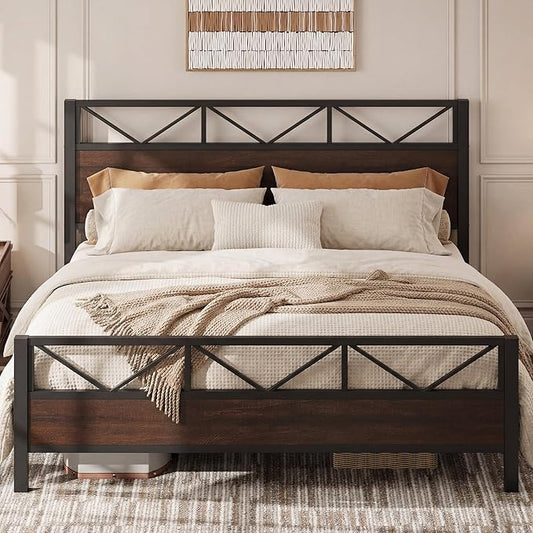 LIKIMIO King Bed Frame, Tall Industrial Headboard 51.2 ", Platform Bed Frame with Strong Metal Support, Solid and Stable, Noise Free, No Box Spring Needed, Easy Assembly, Dark Brown