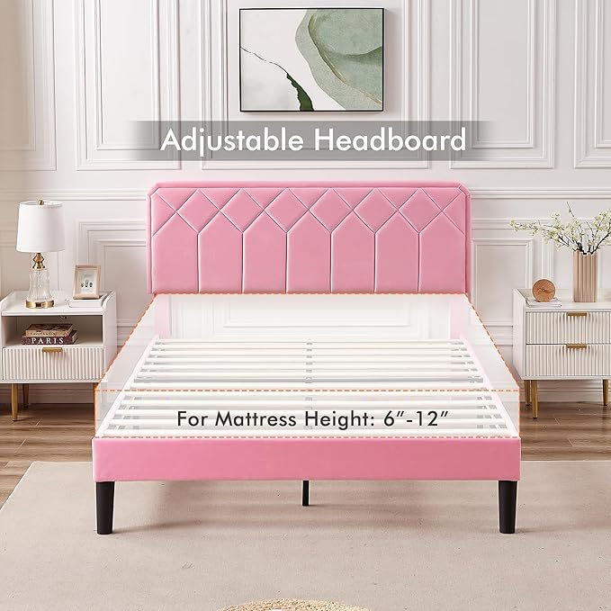 VECELO Queen Size Bed Frame Premium Velvet Upholstered Platform with Height Adjustable Headboard/Mattress Foundation, Solid Wooden Slat Support, No Box Spring Needed/Easy Assembly