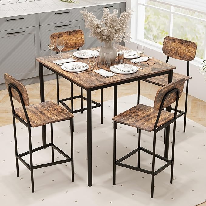GOFLAME 5-Piece Dining Table Set for Small Space, Kitchen Table and Chairs Set for 4 with Steel Frame, Square Breakfast Table Set, Industrial Counter Height Table Set for Home Restaurant, Rustic Brown