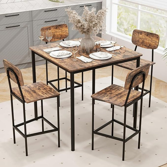 GOFLAME 5-Piece Dining Table Set for Small Space, Kitchen Table and Chairs Set for 4 with Steel Frame, Square Breakfast Table Set, Industrial Counter Height Table Set for Home Restaurant, Rustic Brown