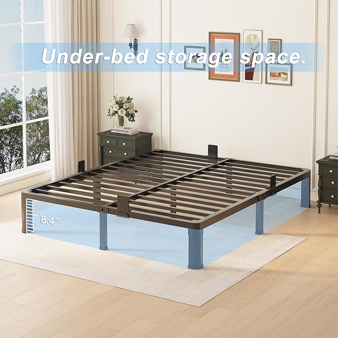 10 inch Queen Bed Frame with Round Corner Legs Mattress Slide Stopper,Low Profile Heavy Duty Metal Platform,Steel Slats Support,No Box Spring Needed,Easy Assembly,Noise Free