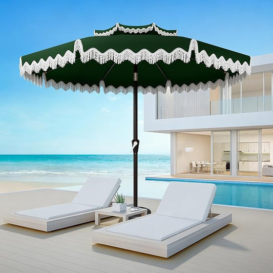 AreShark 9FT Patio Umbrella with Fringe, Wind-Resistant Fiberglass 8 Ribs Tassel Outdoor Umbrella with Crank and Push Button Tilt, Double Tier Vent Sun Shade for Pool, Deck, Backyard, Dark Green