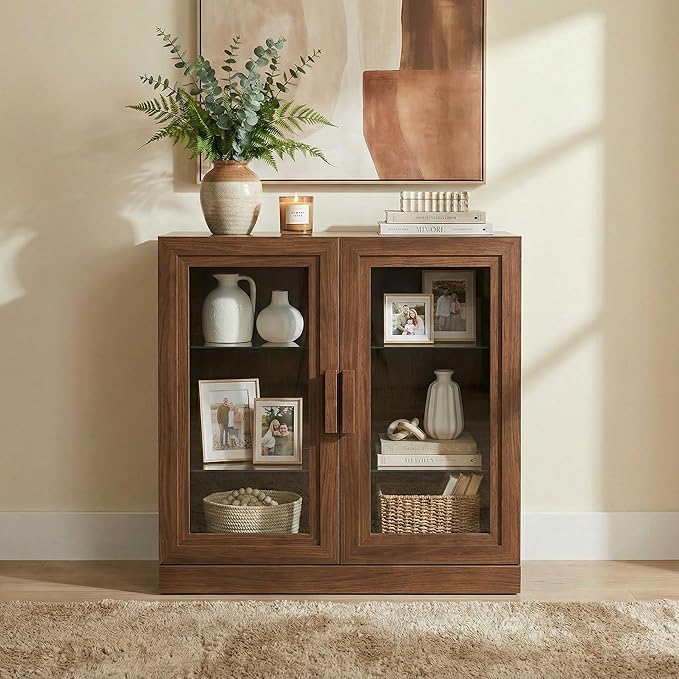 Casaphoria Adam Sideboard Buffet Cabinet with Storage, Display Cabinet with Glass Doors & Adjustable Shelves, 31" W x 36" H Buffet Cabinet for Entryway Kitchen Living Room, Walnut