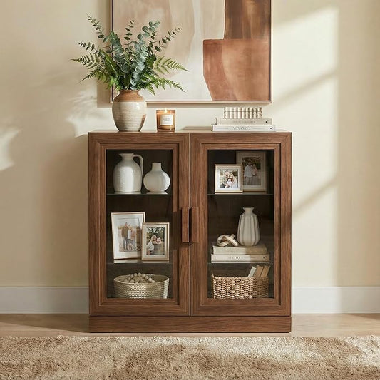 Casaphoria Adam Sideboard Buffet Cabinet with Storage, Display Cabinet with Glass Doors & Adjustable Shelves, 31" W x 36" H Buffet Cabinet for Entryway Kitchen Living Room, Walnut