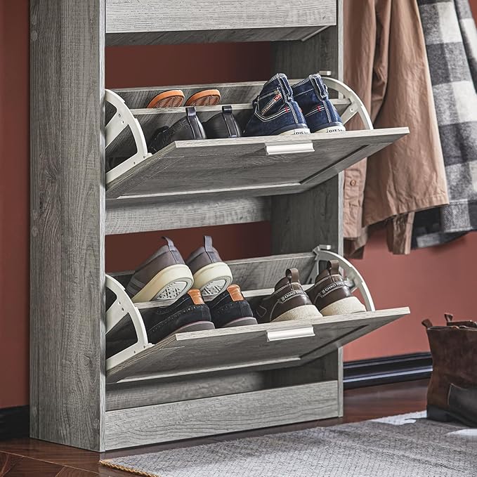 Haotian Shoe Storage Cabinet Entryway, Freestanding Shoe Cabinet with 3 Flip-Drawers Fully Enclosed Tall Shoe Rack Shoe Organizer, Grey, FSR137-L-HG