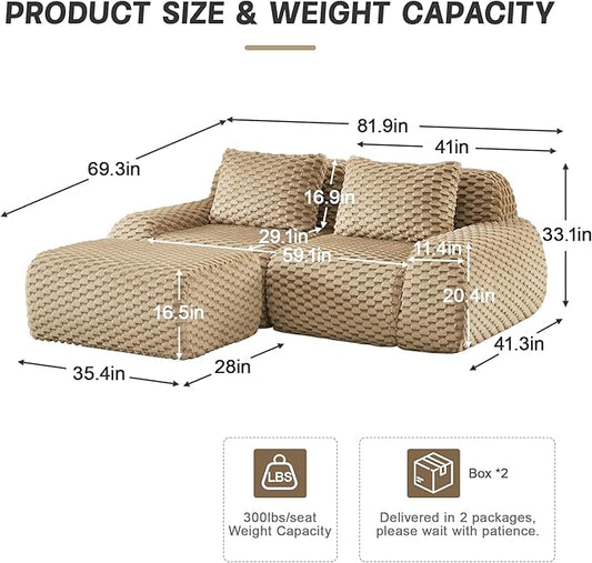 KEIKI 81.9" Loveseat Boneless Couches for Small Living Room, Modular Sectional Velvet Sofa with Ottoman, Soft Deep Seat Comfort Lounge Couch for Apartment Furniture, Chaise Lounge Indoor, Light Camel