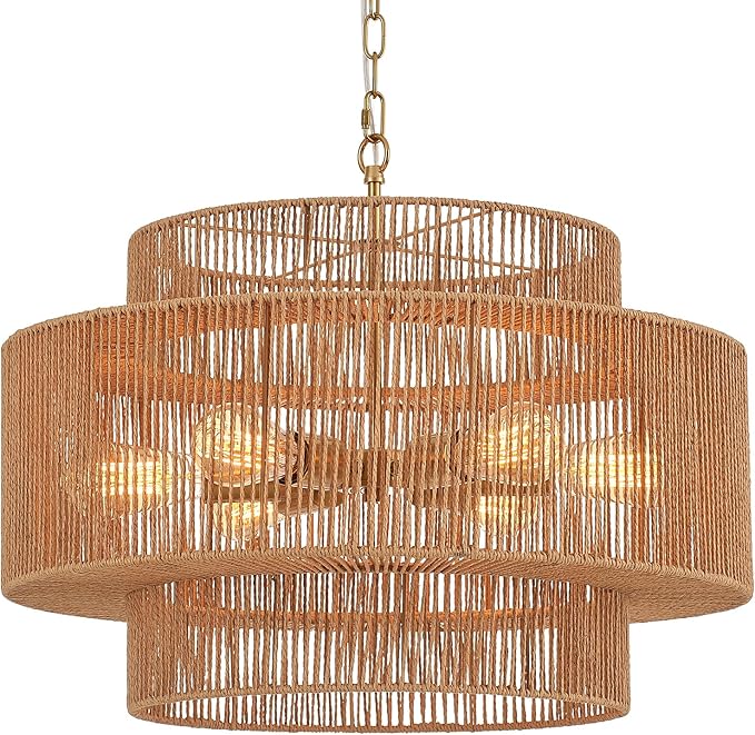 23.6" Rattan Chandelier Light Fixture Vintage 6-Lights Boho Hand-Woven Bamboo Chandeliers Retro Farmhouse 3-Tier Drum Wicker Rattan Golden Chandelier for Dining Room, Kitchen, Living Room