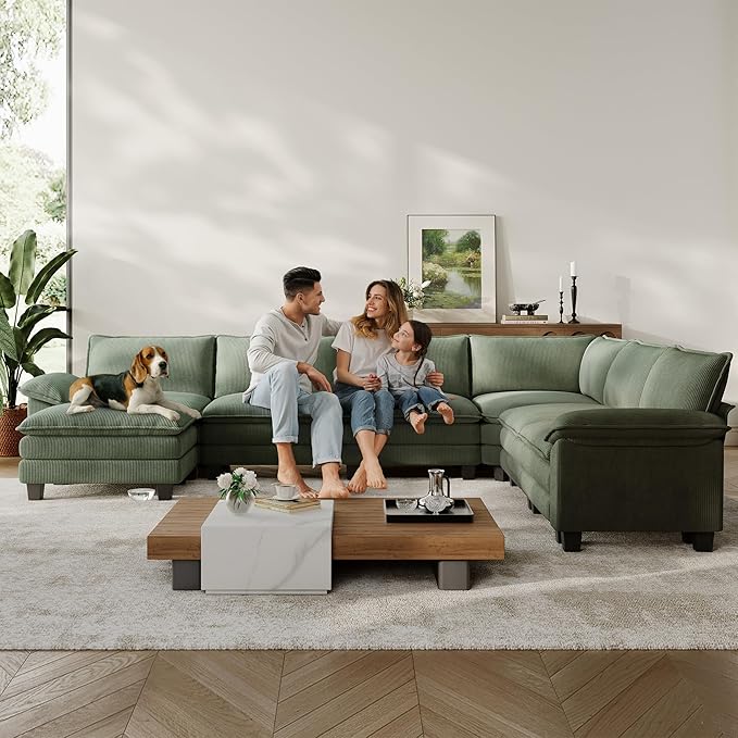 LINSY HOME Modular Sectional Sofa Couch Corduroy Cloud Couches for Living Room, U-Shaped Cloud Couch Sectional Sofas for Bedroom and Apartment, Green