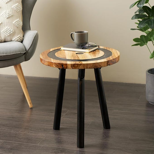 Deco 79 Teak Wood Geometric Side End Accent Table Layered Circle End Table with Black Legs, Side Table 20" x 20" x 22", Brown