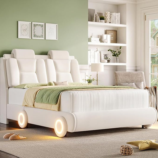 Keyluv Queen Led Car Bed Frame with Wheels Decor & Adjustable Curved Headboard Modern Upholstered Platform Bed with Detachable Pillows Solid Wooden Slats Support No Box Spring Needed, Velvet Beige