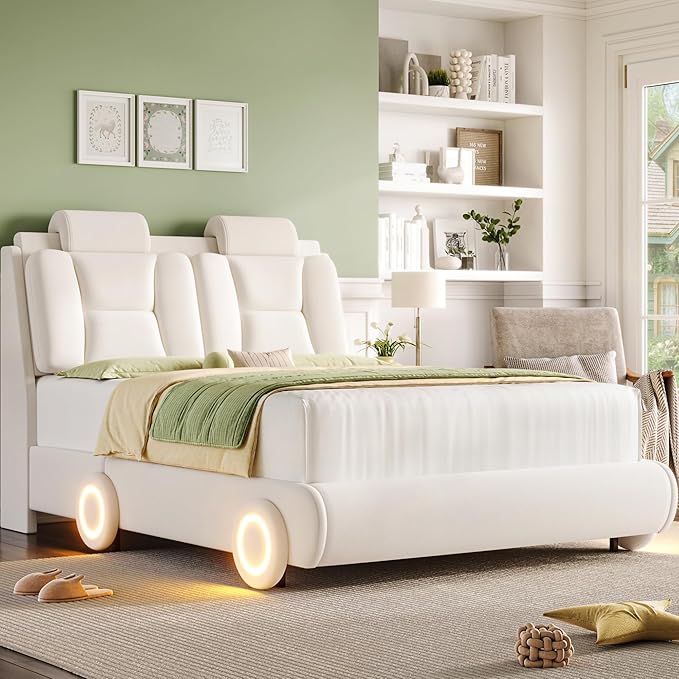 Keyluv Full Led Car Bed Frame with Wheels Decor & Adjustable Curved Headboard Modern Upholstered Platform Bed with Detachable Pillows Solid Wooden Slats Support No Box Spring Needed, Velvet Beige