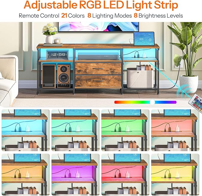 HOOBRO TV Stand with Power Outlet and LED Light, Entertainment Center for TVs Up to 65 Inch, Modern Media Console Table with 2 Non-Woven Drawers, for Living Room, Bedroom, Rustic Brown BF54UDDS01