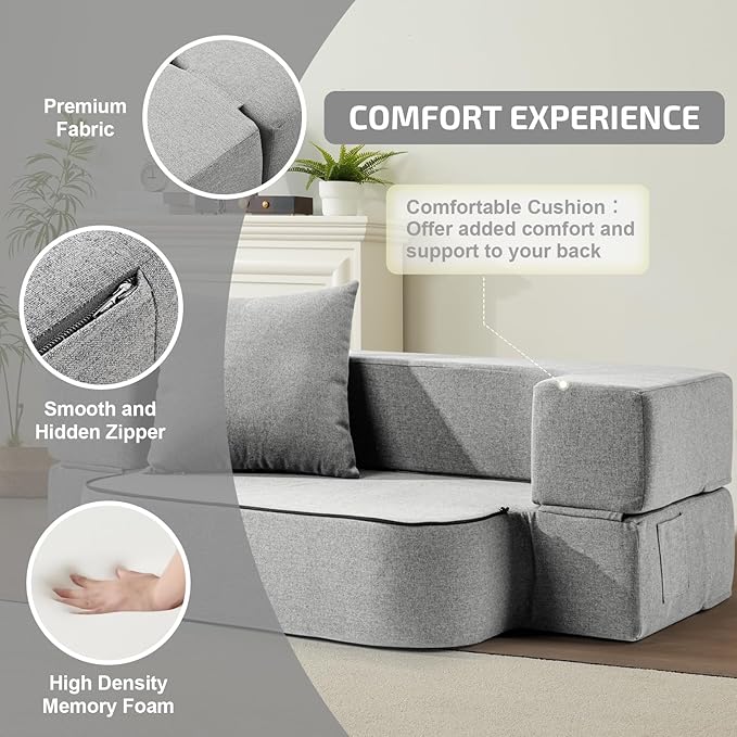 SUYOLS 2-in-1 Folding Sofa Bed with Pillow - Folding Chair Floor Couch & Sleeping Mattress - Washable Cover & Memory Foam Sleeper Chair for Living Room/Guest Room/Apartment/Loft, Light Gray
