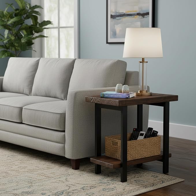 Alaterre Furniture Pomona Living Room Collection – 2-Tier Solid Wood End Table with Natural Finish and Metal Legs – Modern Farmhouse Accent or Home Décor (Rustic Brown)