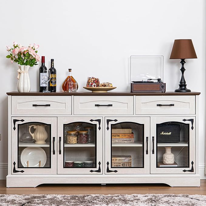 66" Large Buffet Cabinet Sideboard, 4 Doors and 3 Drawers, Farmhouse Coffee Bar Cabinet with Patterned Glass Door, Adjustable Shelve, 66W x 15.8D x 31.9H (Glass Door, White Walnut Grain)