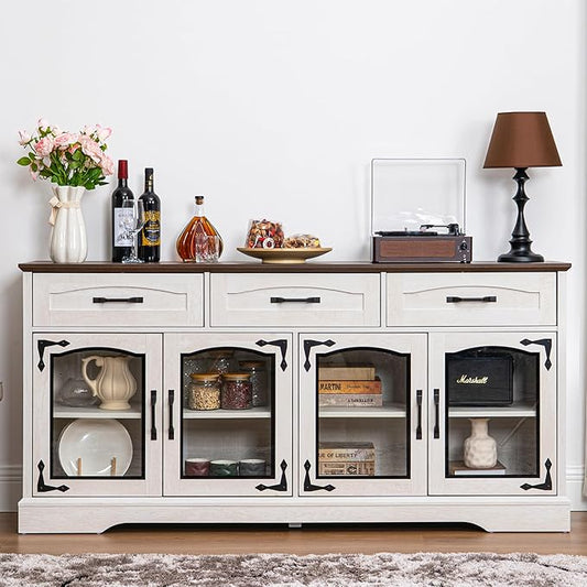 66" Large Buffet Cabinet Sideboard, 4 Doors and 3 Drawers, Farmhouse Coffee Bar Cabinet with Patterned Glass Door, Adjustable Shelve, 66W x 15.8D x 31.9H (Glass Door, White Walnut Grain)