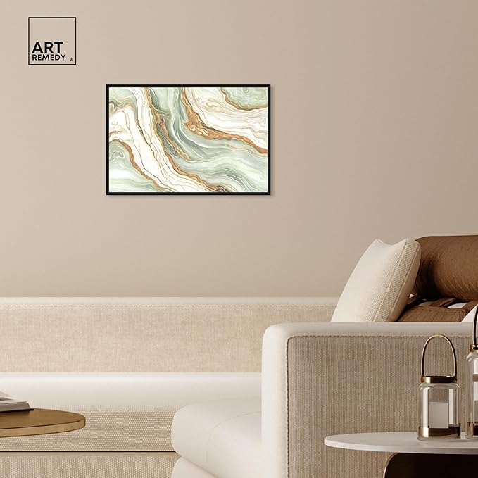 Art Remedy Green And Gold Framed Mineral, Agate & Geode 1 Piece Canvas Wall Art, 25" x 17", Black Frame