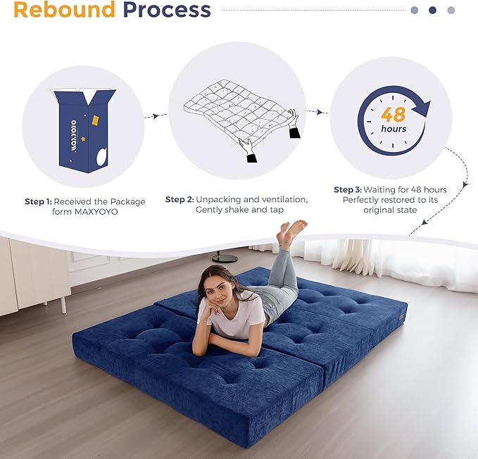 MAXYOYO Tri-Fold Mattress, 6 Inch Tufted Folding Mattress with Chenille Fabric, Portable Full Size Floor Guest Mat for Adults, Foldable Topper for Camping, Navy, 53"x75"
