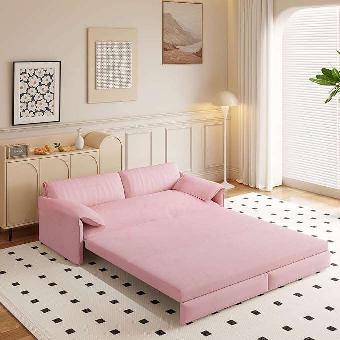Ball & Cast 63.8" Convertible Sleeper Sofa,3-in-1 Queen Pull Out Couch with Side Pockets,Multi-Functional Velvet Loveseat Bed for Living Room,Bedroom,Apartment,Office,Pink