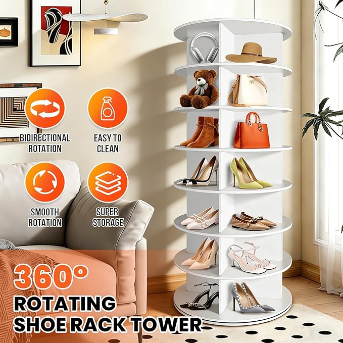 7 Tier Rotating Shoe Rack Corner Organizer 360°Rotating Shoe Rack Tower Spinning Shoe Rack Tower for Bedroom Entryway Closet Holds 28-32 Pairs of Shoes Handbags Hats Display Decor